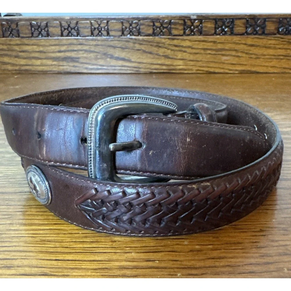 Leather Belt Size 34 MB3022 Brn Buffalo Conchos Basket Weave